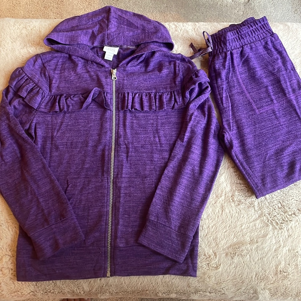 Purple jogger set. Lightweight with ruffle detail on hoodie. Never worn.
